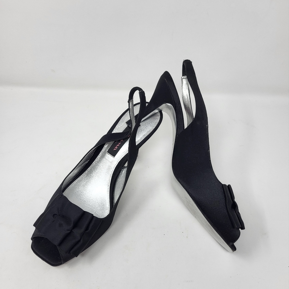 Vintage Y2K‎ Black Satin Sling Back 3" Flat Bow Front Peep Toe Heels by Nina 7